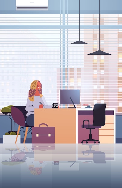 young businesswoman sitting at workplace and using computer businesswoman working in office vertical  illustration