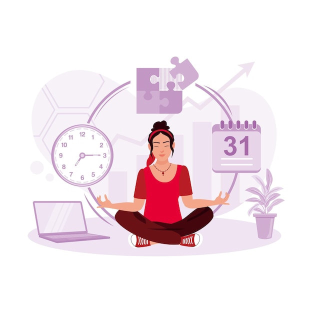 Молодая деловая женщина, сидящая в позе йоги и медитирующая с опытом управления временем