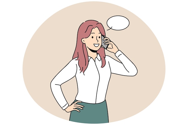 Young businesswoman talk on cellphone with client or customer Smiling woman employee have cellphone conversation Business communication Vector illustration