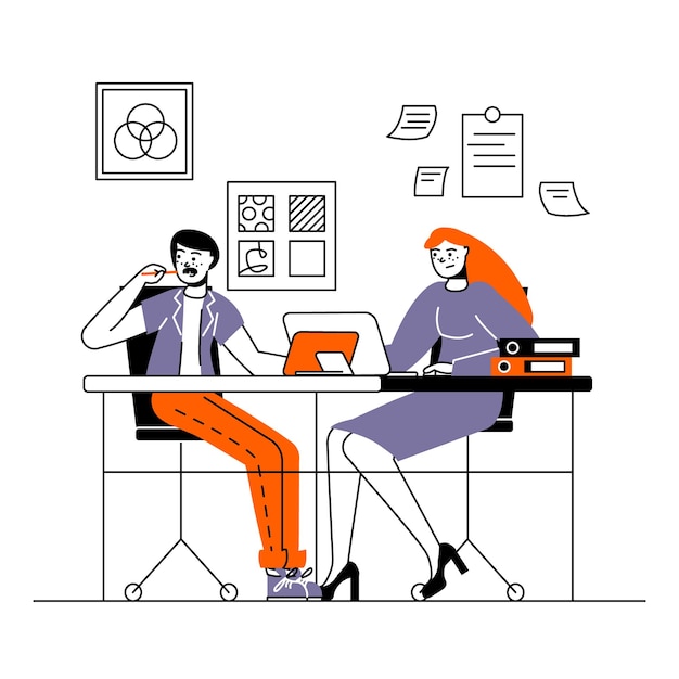 젊은 바쁜 여성은 의자에 앉아 노트북에서 일하고 남자는 에 섰고 태블릿에 그림을 그리고 있습니다.