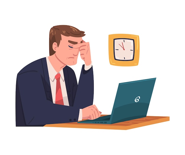 Young Busy Man Character in Stress Feeling Tired and Exhausted Sitting at Laptop Vector Illustration