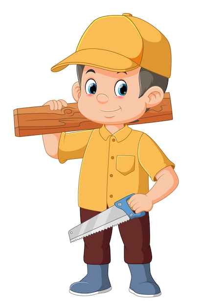 Vector a young carpenter holding saw and wood