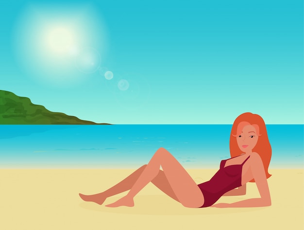 若い漫画かわいい女の子海海ビーチでリラックス。