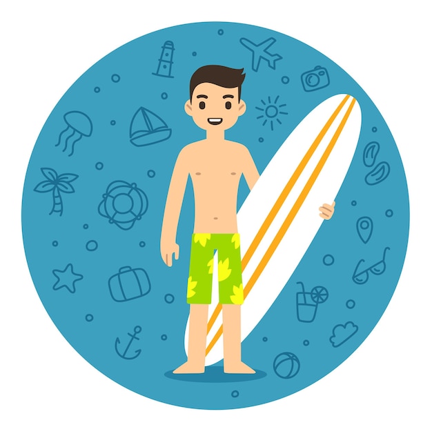 Vector young cartoon man on beach with surfboard