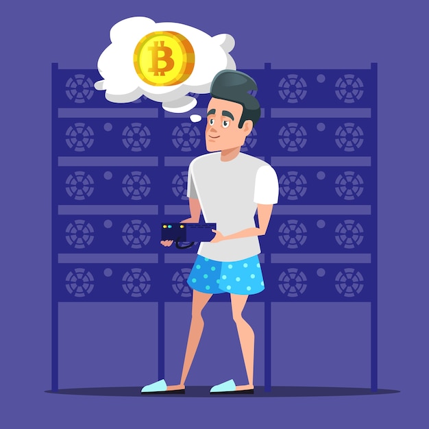 Vector young cartoon man bitcoin miner in server room