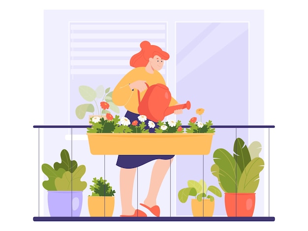 Young cartoon woman watering flowers and green plants on balcony