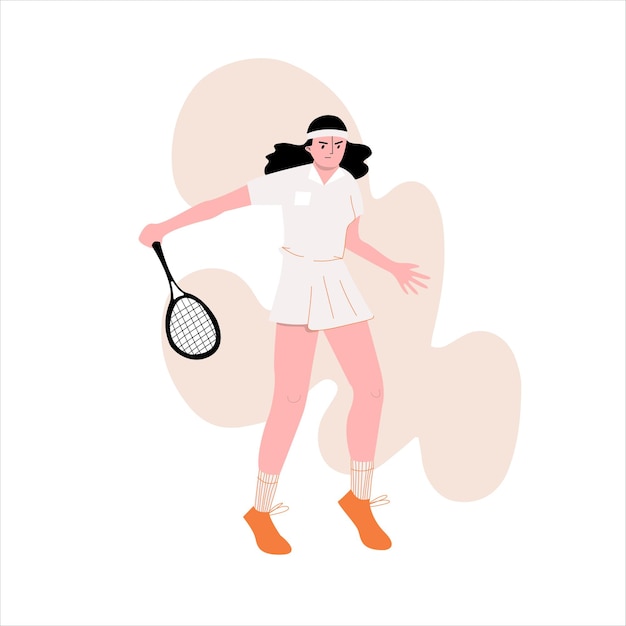 Young cartoon woman with a tennis racket in her hands goes in for sports vector flat illustration