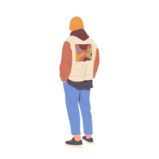 Vector young casual hipster guy cartoon character standing back view isolated on white background