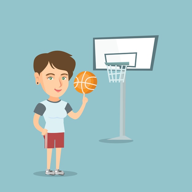 ボールを回転させる若い白人バスケットボール選手。