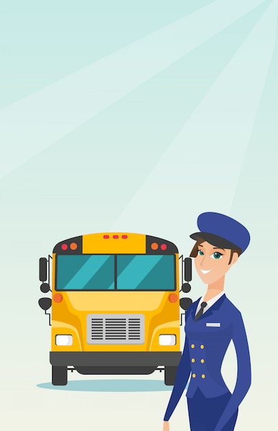Vector young caucasian female school bus driver.