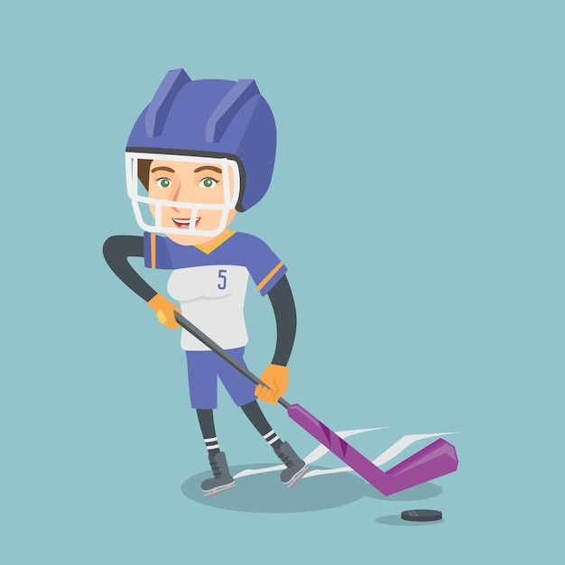 Young caucasian ice hockey player with a stick.