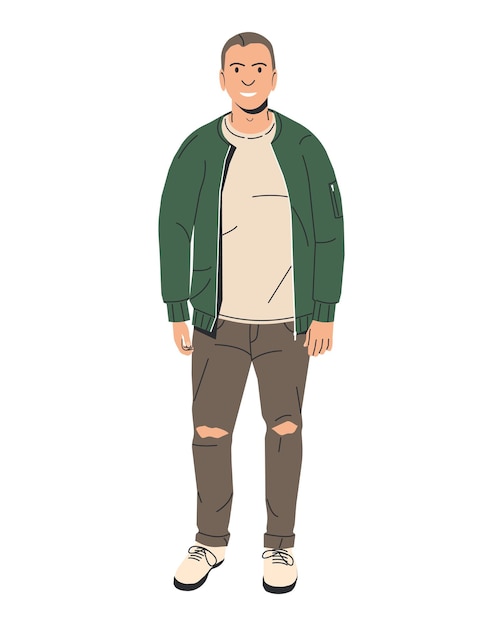 Vector young caucasian man in bomber isolated stylish white guy in summer jacket and jeans elegant smiling male character in casual clothes boy stands and smiles cartoon flat vector illustration