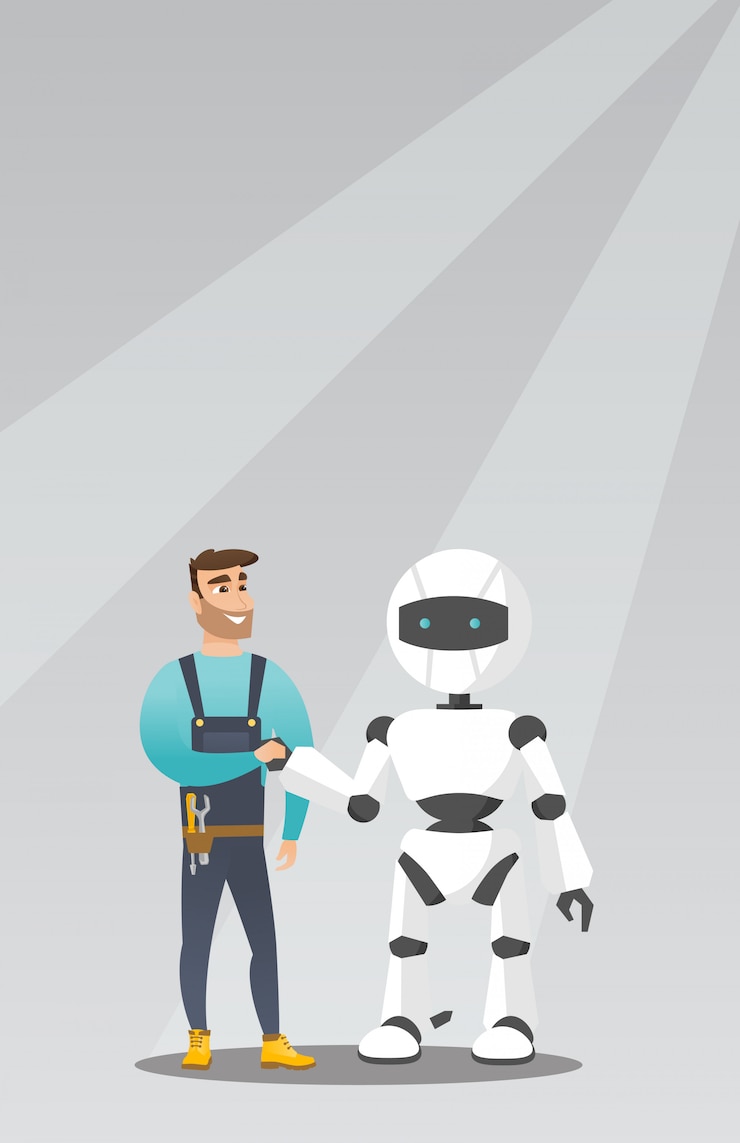 Vector young caucasian man handshaking with robot