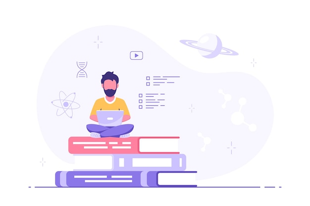 Young caucasian man with laptop sitting on big book stack. online education concept, remote studying concept. flat style vector illustration.