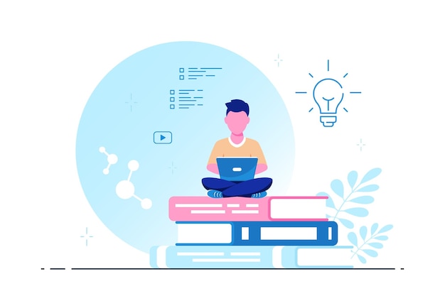 Vector young caucasian man with laptop sitting on big book stack. online education concept, remote studying concept. flat style vector illustration.