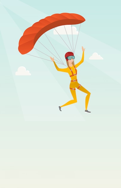 Vector young caucasian skydiver flying with a parachute