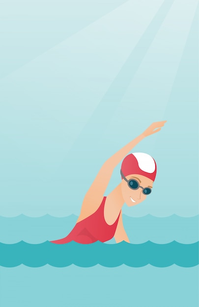 Young caucasian sportswoman swimming