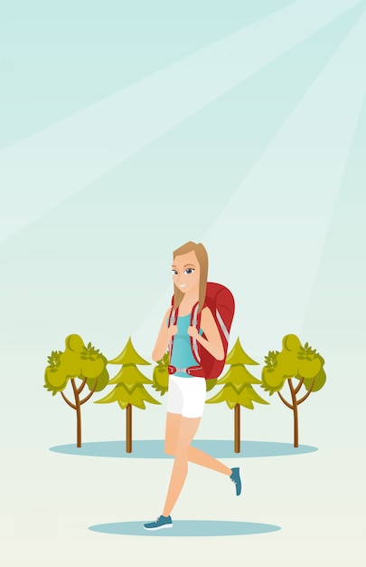 Vector young caucasian white woman with a backpack hiking