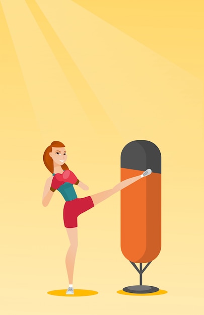 Vector young caucasian woman exercising with punching bag