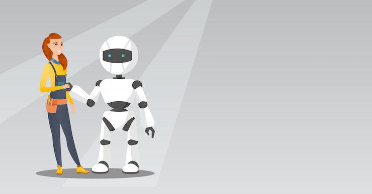 Vector young caucasian woman handshaking with robot