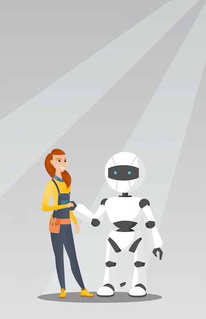 Young caucasian woman handshaking with robot