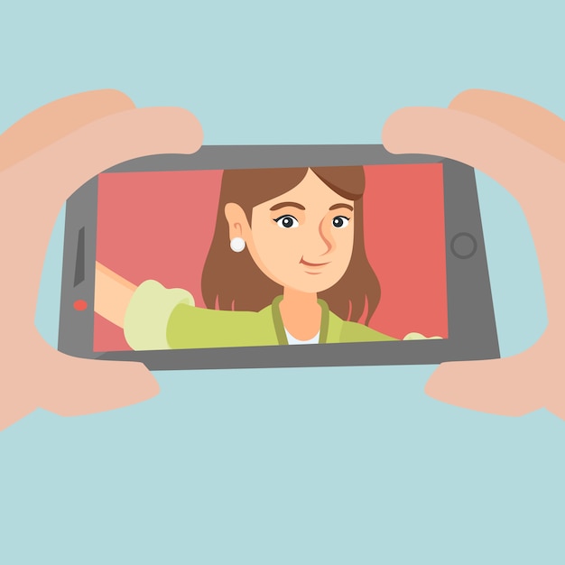 Vector young caucasian woman making selfie.