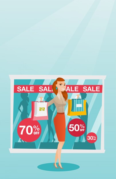 Vector young caucasian woman shopping on sale.