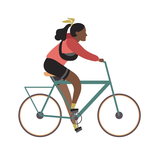 Young character riding bicycle. black african girl rides on bike. woman sports gear outdoor activity in park, healthy leisure lifestyle. flat vector cartoon isolated on white simple illustration