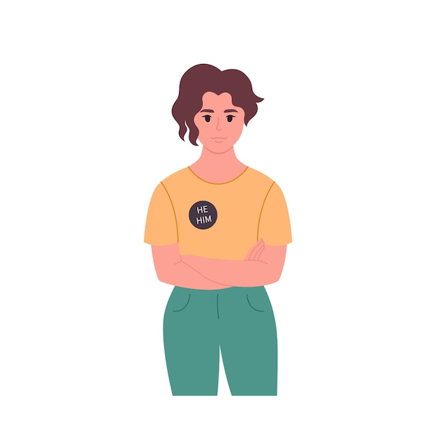 Young character with gender pronouns pin. She, he, they, non-binary. Gender-neutral movement