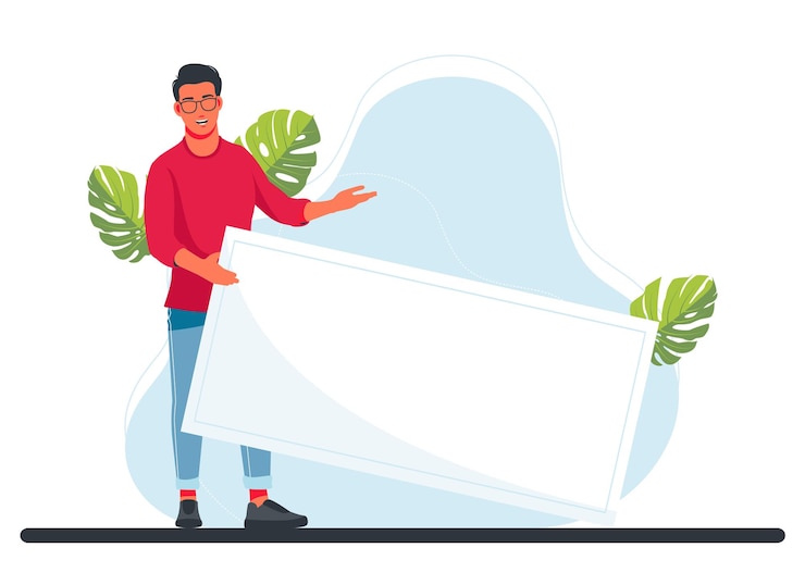 Vector young characters man and woman holding a sheet of white paper. copy space. your text here, template. flat editable vector illustration, clip art. a clean sheet of white paper.