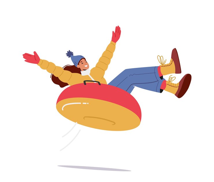 Vector young cheerful girl sliding on snow tubing having fun on winter holidays happy female character riding tube downhill