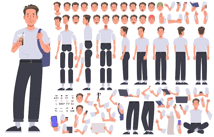 Vector young cheerful guy character constructor blogger student influencer set positions _ai_generated