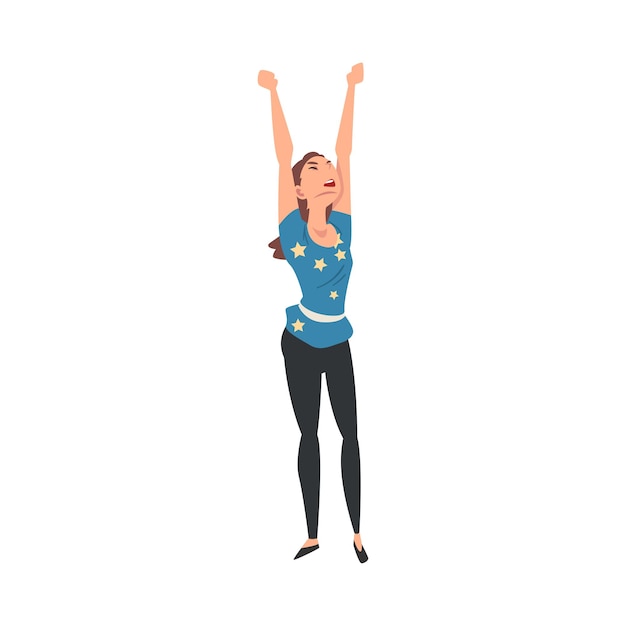 Vector young cheerful woman singing along and dancing at concert vector illustration