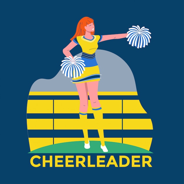 Vector young cheerleader in yellow and blue suit with pompoms on stadium background illustration  premium