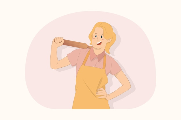 Young chef cook baker woman hold rolling pin concept