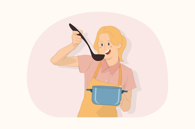 Vector young chef cook baker woman holding soup stainless pot with ladle try taste concept