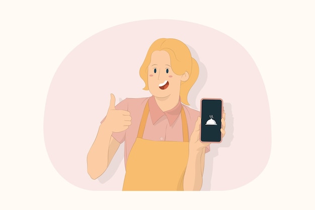 Vector young chef cook baker woman show recipe on mobile cell phone show thumb up gesture concept