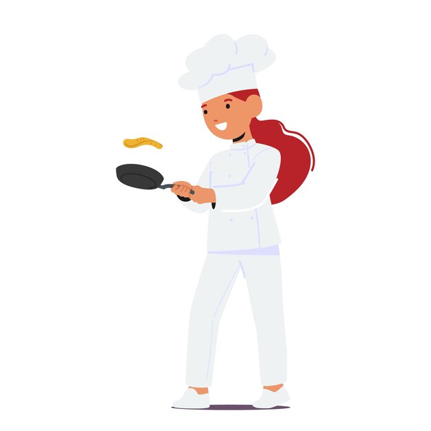 Vettore il personaggio di una giovane chef ragazza con un sorriso allegro lancia sapientemente i pancake in una padella sfrigolante creando la perfezione marrone dorato con un tocco di magia dell'infanzia cartoon people vector illustration