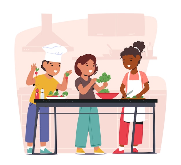 young chefs characters in action children wearing chef uniforms hats and aprons prepare vegetable salad with enthusiasm and joy in a playful cooking adventure cartoon people vector illustration