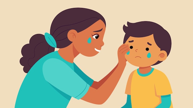 Vector a young child gently wiping away tears from their parents face showcasing the reversal of roles as a