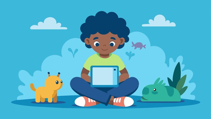 Vector a young child sits in front of their tablet fully engrossed in an interactive story reading that has