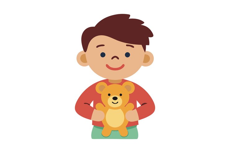 Vector young child smiling while holding a cute teddy bear
