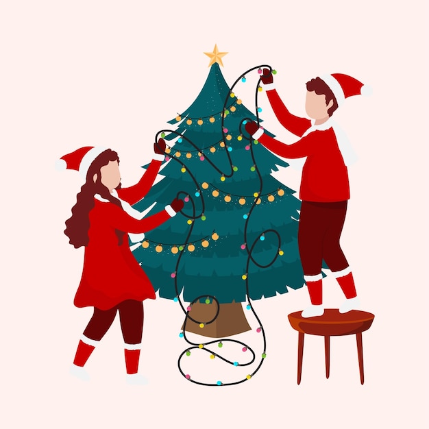 Young children decorated xmas tree by lighting garland merry christmas celebration concept