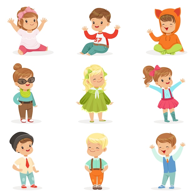 Young children dressed in cute kids fashion clothes, series of illustrations with kids and style