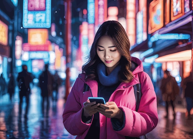 Vector young chinese woman using smartphone at night at nightyoung chinese woman using smartphone at night