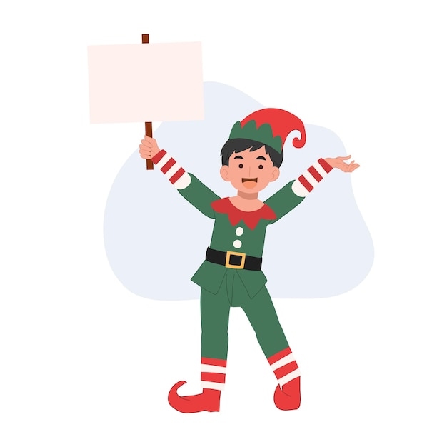 Young christmas elf kid is showing signboard Vector illustration