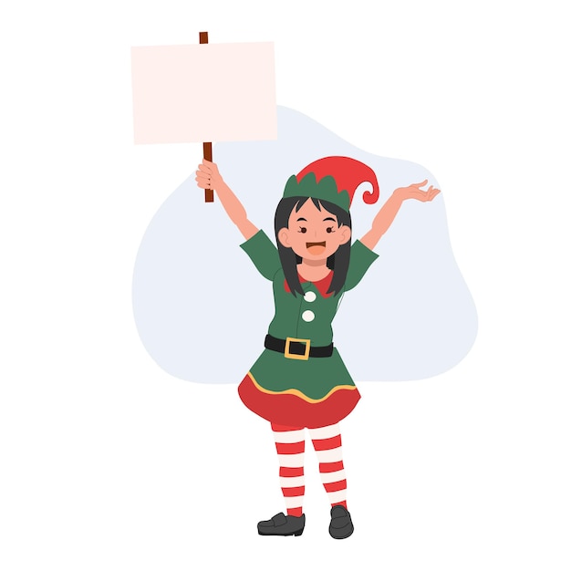 Young christmas elf kid is showing signboard Vector illustration