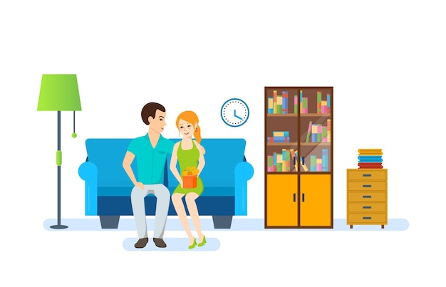 Vector young couple against background of the interior of the room