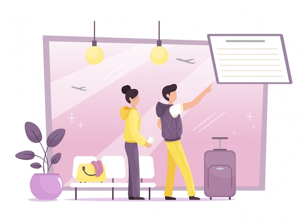 Young couple at the airport watching their flight. Travel. The airport. illustration in cartoon flat style.