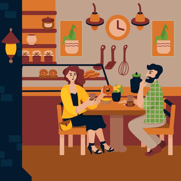 Young couple are talking in a cozy cafe with a cup of tea and simit